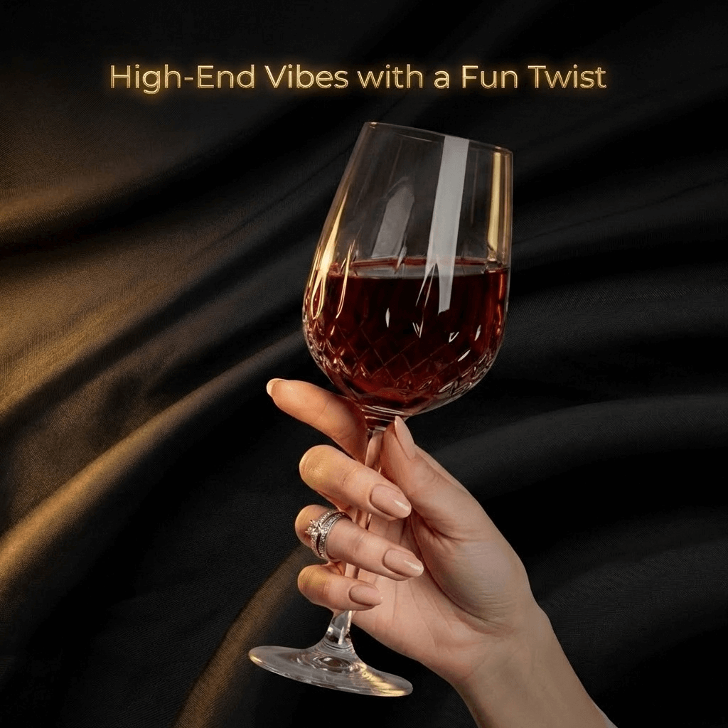 Well-manicured hand holding a wine glass with text 'High-End Vibes with a Fun Twist.'
