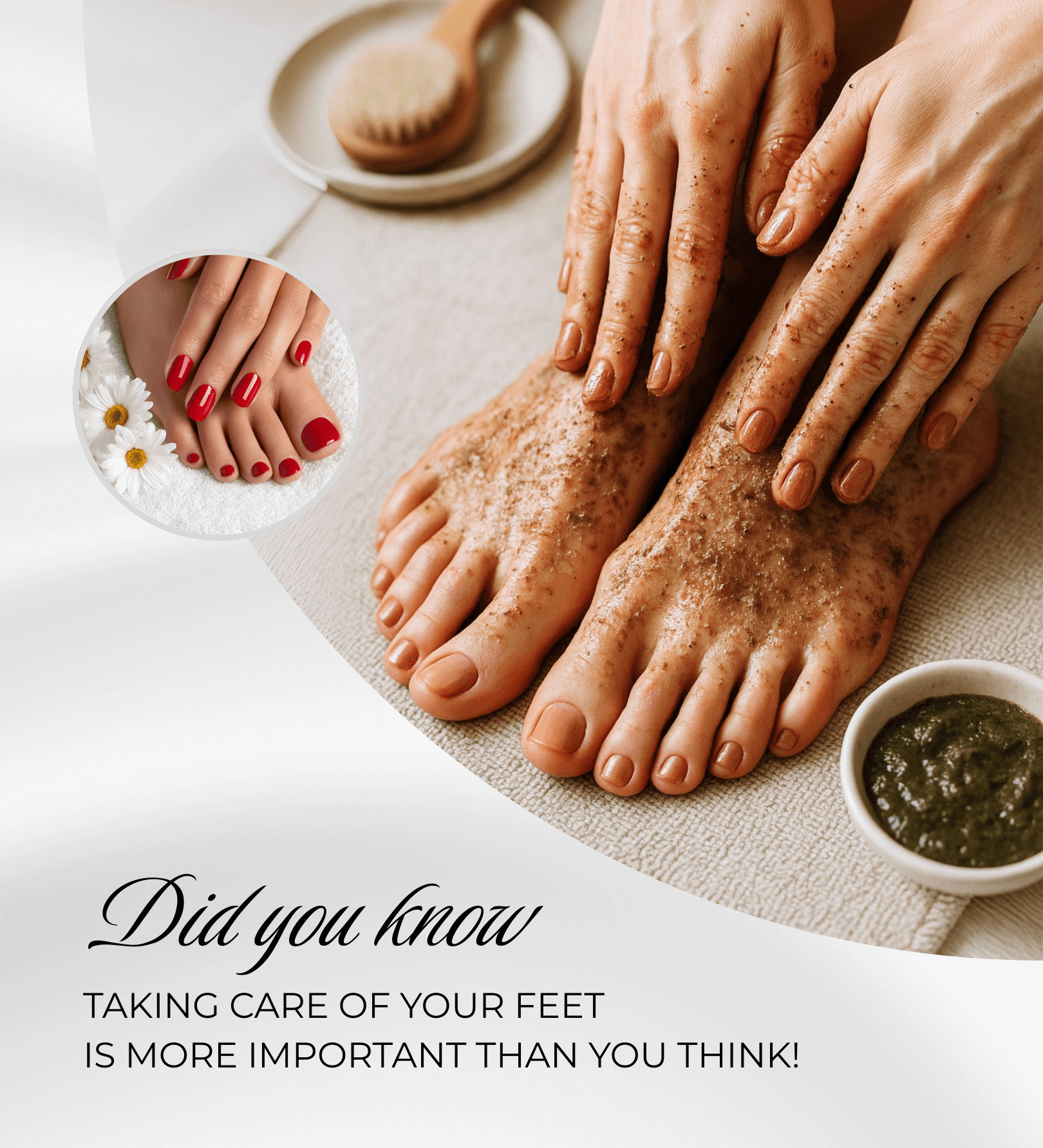 Person exfoliating feet with a scrub, well-manicured red nails.