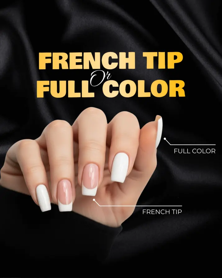 A hand displaying French tip and full color nail styles on a dark background.