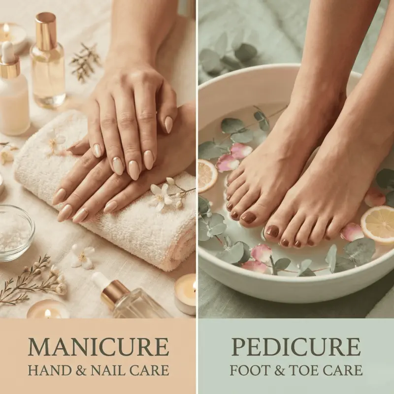Manicure and pedicure side-by-side comparison showing treatment setups.