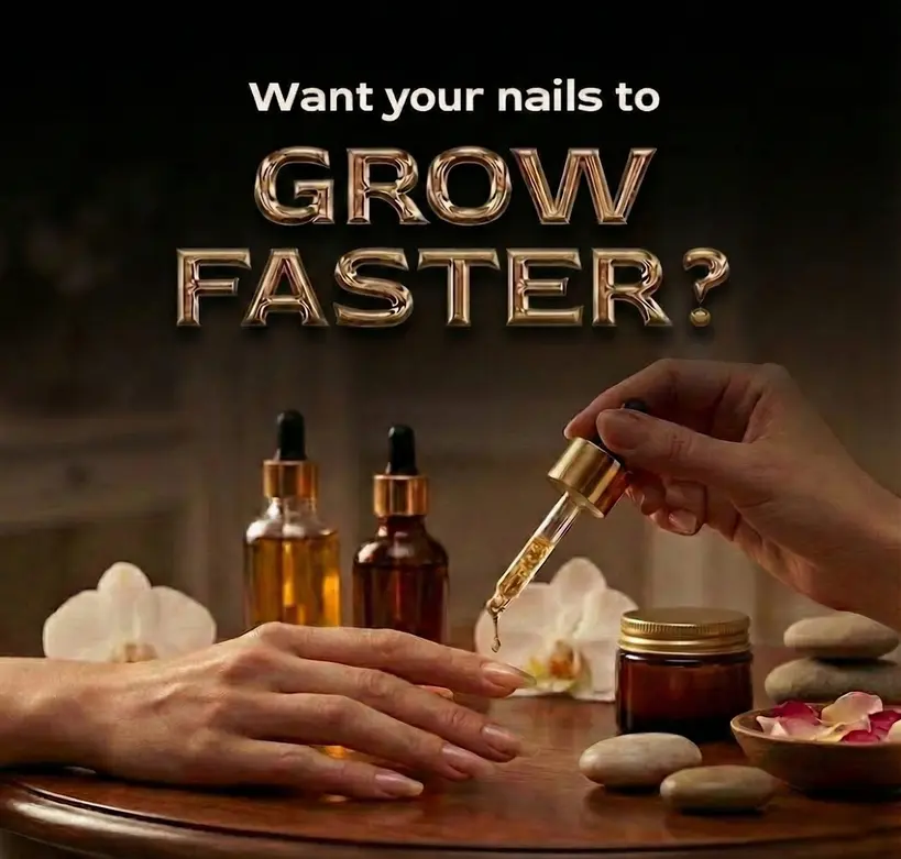 Two hands applying liquid for natural nail care growth.